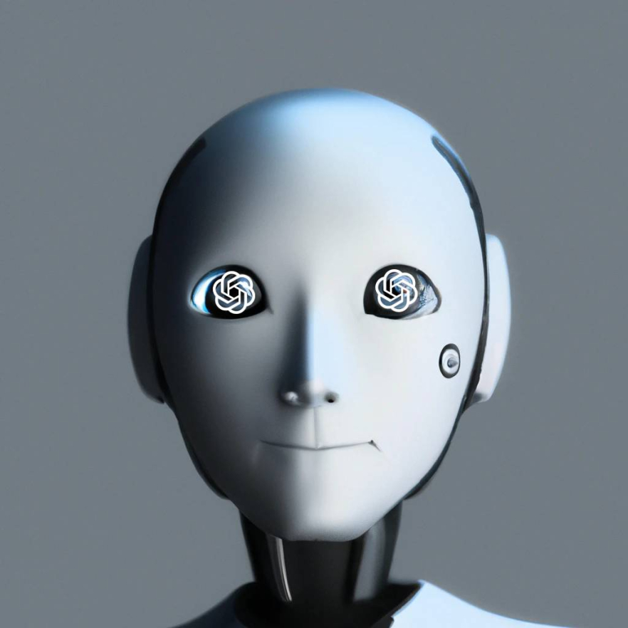 Dall-E generated image of a robot face, edited with the OpenAI logo for eyes